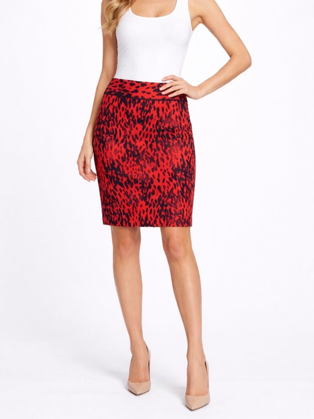 Red and Blue Leopard Print Pencil Skirt Knee-Length